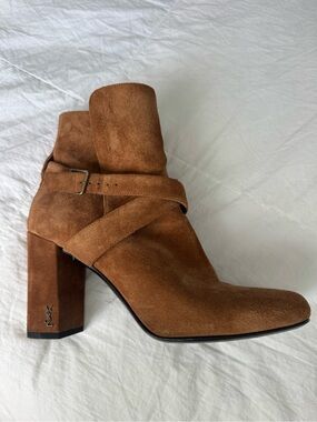 Saint Laurent Tan Suede Wrap-Strap Heeled Ankle Boots